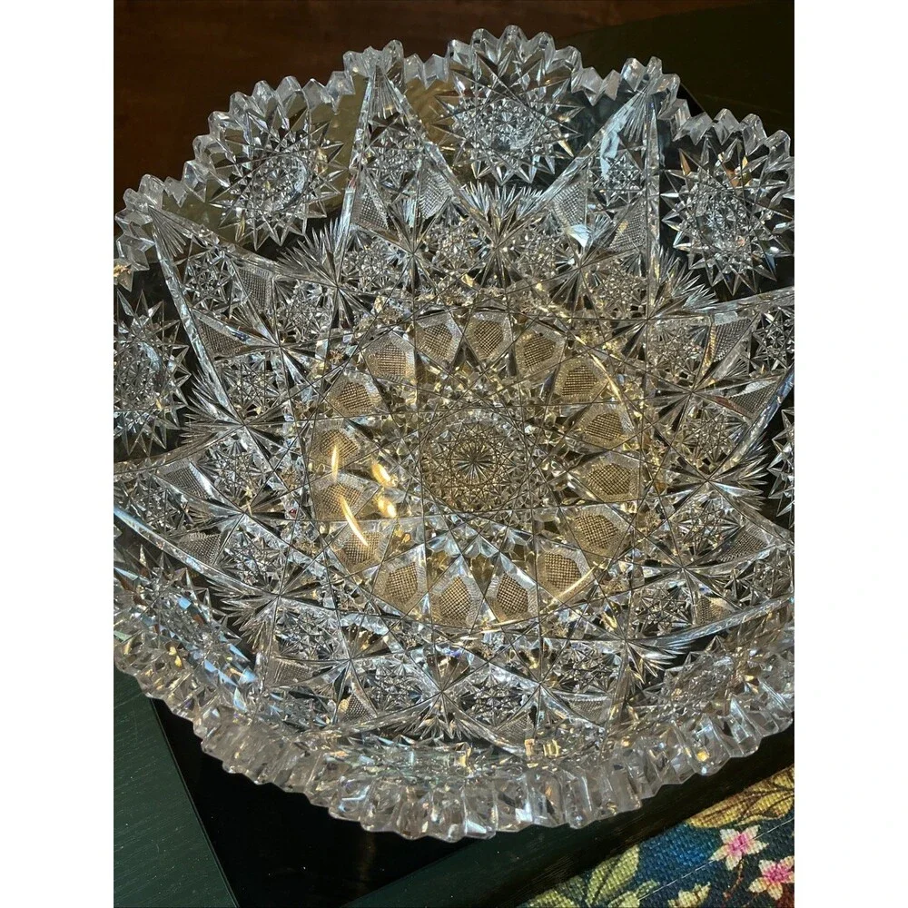 American Brilliant Lead Cut Glass Bowl 8.25 Inch Clear Antique Sawtooth Edge